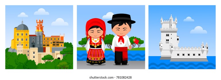 Travel to Portugal. People in traditional portuguese costumes, woman and man with national flag, Belem tower (Torre de Belem), Pena Palace (Palacio Nacional da Pena). Set of vector flat illustration.