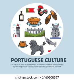 Travel to Portugal Portuguese symbols architecture and food animal vector Water Dog and fish pastry and Madeira wine brick bridge clay rooster with, ornament lighthouse tourism attractions or landmark