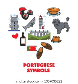 Travel to Portugal Portuguese symbols heart architecture and food animal vector Water Dog and fish pastry and Madeira wine brick bridge clay rooster with ornament lighthouse tourism attractions.