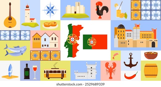 Viajar para Portugal conjunto, elementos de cultura e arquitetura em banner com design geométrico de cor. Azulejo cerâmica azulejos com ornamento, bandeira e mapa, comida e vinho desenho animado vetor ilustração