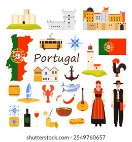 Travel to Portugal set. Portuguese man and woman in national costumes, heritage of old palaces and towers, famous food and wine, map with country flag and Azulejo tile cartoon vector illustration