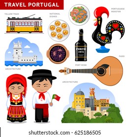 Travel to Portugal. Set of traditional cultural symbols, cuisine, architecture. A collection of colorful illustrations for the guidebook. Portugueses in national dress. Attractions. Vector.