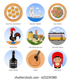 Travel to Portugal. Set of traditional cultural symbols, cuisine, architecture. Collection of colorful vector illustrations for the guidebook. Peoples in national dress. Flat round icons.