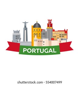 Travel to Portugal skyline. Vector flat illustration