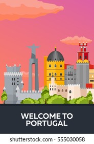 Travel to Portugal skyline. Vector flat illustration