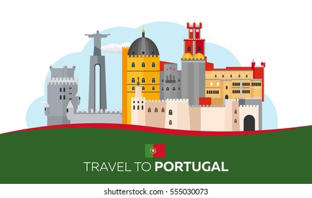 Travel to Portugal skyline. Vector flat illustration