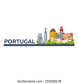 Travel to Portugal skyline. Vector flat illustration