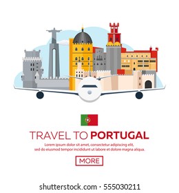 Travel to Portugal skyline. Vector flat illustration