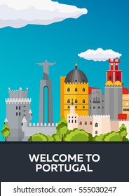 Travel to Portugal skyline. Vector flat illustration