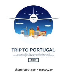 Travel to Portugal skyline. Vector flat illustration