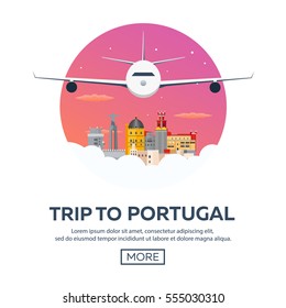 Travel to Portugal skyline. Vector flat illustration