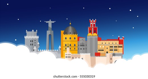 Travel to Portugal skyline. Vector flat illustration
