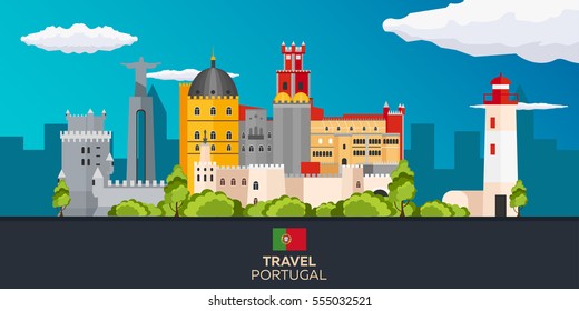 Travel to Portugal skyline. Vector flat illustration