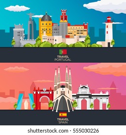 Travel to Portugal and Spain skyline. Vector flat illustration