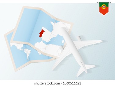 Travel to Portugal, top view airplane with map and flag of Portugal. Travel and tourism banner design.