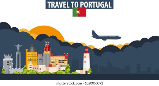 Travel to Portugal. Travel and Tourism banner. Clouds and sun with airplane on the background