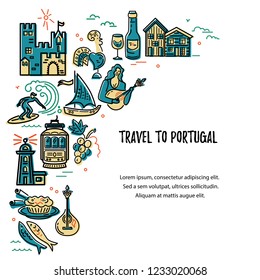 Travel to Portugal vector illustration. Template with portuguese symbols. Travel concept.