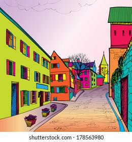 Travel Postcard In 1960s Pop Art Style. Pedestrian Street In The Old European City With Tower On The Background. Historic City Street. Funk Urban Sceen Wallpaper.