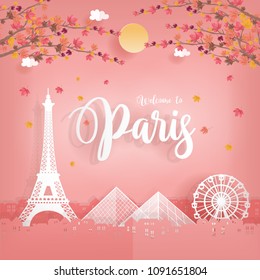 Travel postcard with autumn in Paris and world famous landmarks in paper cut style vector illustration.