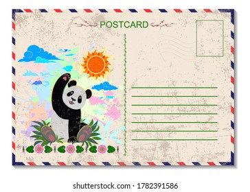 The travel postcard is decorated with a cheerful panda. Greeting card for postal illustration.
