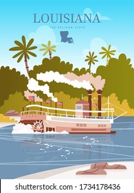 Travel Postcard aus Louisiana, dem pelikanischen Staat. Vector Illustration mit Dampfschiff und Fluss Mississippi