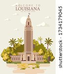 Travel postcard from Louisiana. Vector illustration with the famous and historic art deco state capitol building  in Baton Rouge, la. The pelican state