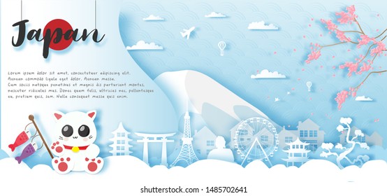 Travel postcard panorama, poster, tour advertising of world famous landmarks of Japan, autumn season in paper cut style. Vector illustration.