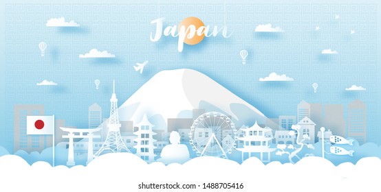 Travel postcard panorama, poster, tour advertising of world famous landmarks of Japan, autumn season in paper cut style. Vector illustration.