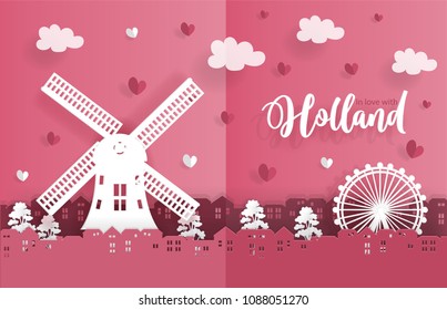 Travel postcard and poster of Holland in paper origami style. Love and honeymoon trip concept. Vector illustration.