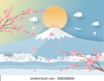 Travel postcard and poster of Japan, with Fuji mountain in paper origami style, vector illustration. 