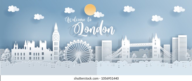 Travel postcard and poster with London, England famous landmarks, paper cut style vector illustration