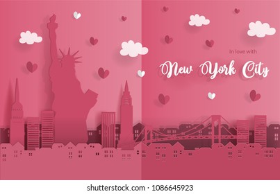 Travel postcard and poster of New York City in paper origami style. Love and honeymoon trip concept. Vector illustration.