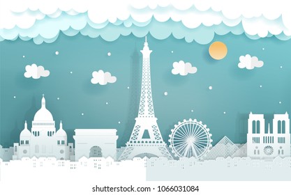 Travel postcard and poster with symbol of Paris, Eiffel tower, paper art design vector illustration.