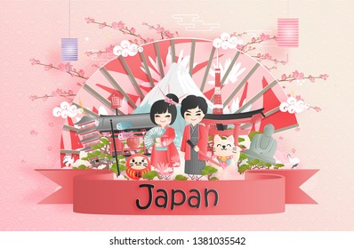 Travel postcard, poster, tour advertising of world famous landmarks of Japan with Fuji mountain and Japanese people in Kimono dress in paper cut style. Vector illustration 