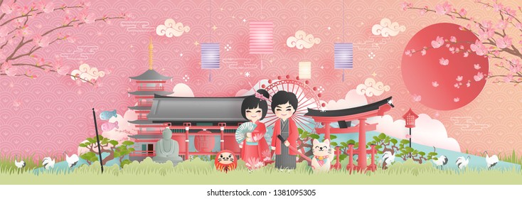 Travel postcard, poster, tour advertising of world famous landmarks of Japan with Fuji mountain and Japanese people in Kimono dress in paper cut style. Vector illustration 