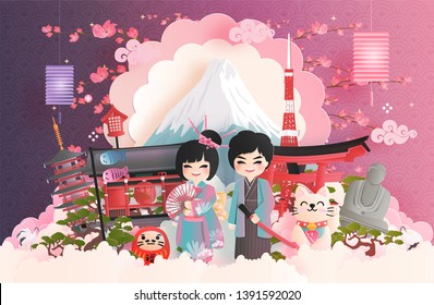 Travel postcard, poster, tour advertising of world famous landmarks of Japan with Fuji mountain and Japanese people in Kimono dress in paper cut style. Vector illustration 