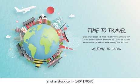 Travel postcard, poster, tour advertising of world famous landmarks of Japan with Fuji mountain and Japanese people in Kimono dress in paper cut style. Vector illustration