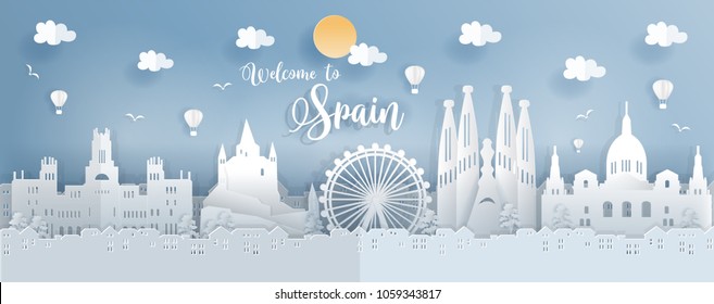 Travel Postcard Or Poster With World Famous Landmark Of Spain, Paper Cut Style Vector Illustration