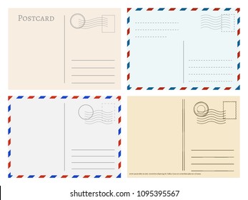 Travel postcard templates. Greetings post cards backside vector set. Postal empty blank for mail illustration