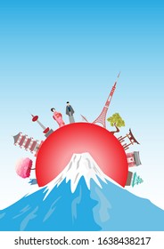 Travel postcard, tour advertising of Japan. Vector illustration.