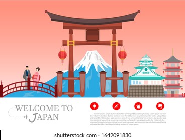 Travel postcard, tour advertising of Japan. Vector illustration.