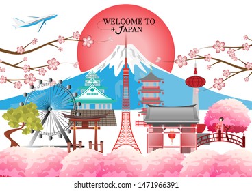 travel postcard, tour advertising world famous landmarks of Japan - Vector illustration.