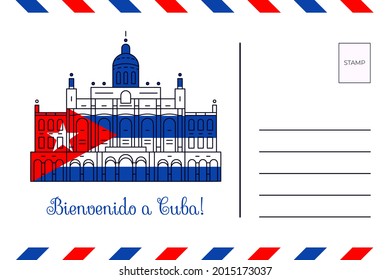 Reisepostkarte, Vektordesign. Kuba-Denkmal. Das Museum der Revolution Wahrzeichen. Bienvenido a Cuba.