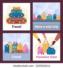 Travel postcards or posters for social media set, flat vector illustration. Travel and vacation trip advertising flyer or leaflet with suitcases packed for journey.