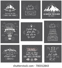 Travel postcards. Set of tourism banners with hand-lettering quotes. Hand drawn sketch vector illustrations of mountains, hot air balloon and baggage for t-shirts.