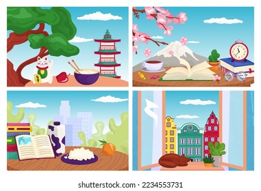 Travel postcards set of vector illustrations of flat design. Travel world landmarks and tourism symbols composition. Vacation postal cards.