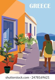 Travel poster, advertising banner with young girl tourist travelling in Greece. Pretty woman walking rear view wearing summer clothes and backpack. Colorful vector illustration.