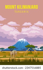 Travel poster Africa savanna sunset Kilimanjaro Tanzania