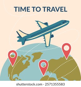 Travel poster with airplane and travel destination pins. Concept of travel, summer, vacation, business trip. Vector hand drawn card in flat style.