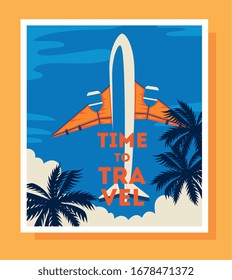 travel poster with airplane flying vector illustration design